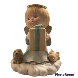 Birthday Angel Figurine Holding A Present With Kitty And Puppy 3.5” Tall
